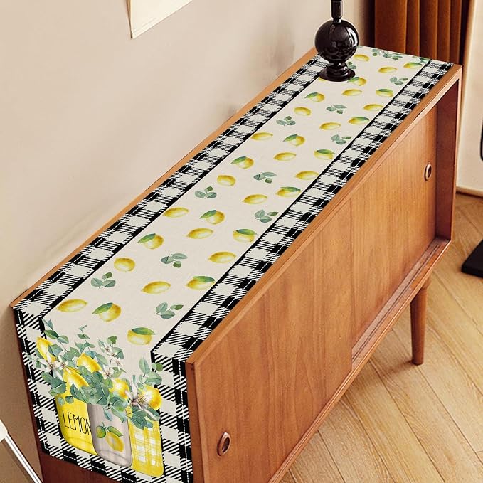 Lemon Table Runner, Farmhouse Black Buffalo Plaid Seasonal Summer Spring Fruits - Image 3