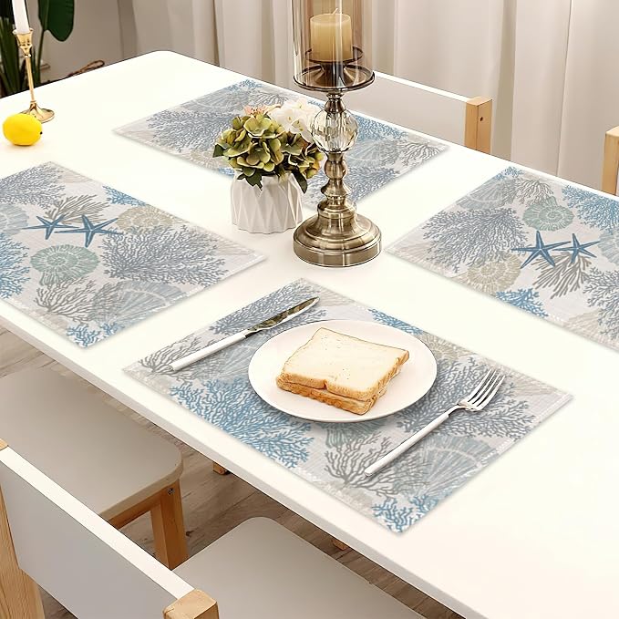 Coastal Beach Placemats Set of 6, Shell Starfish Coral Heat Resistant Table - Image 7
