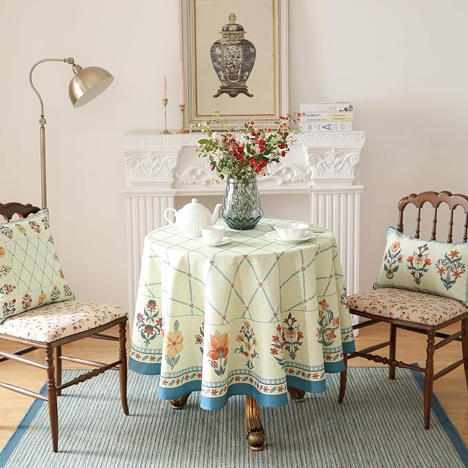 ISAENNE Designer Linen Floral Small Round Tablecloth, Light Green Farmhouse - Image 2