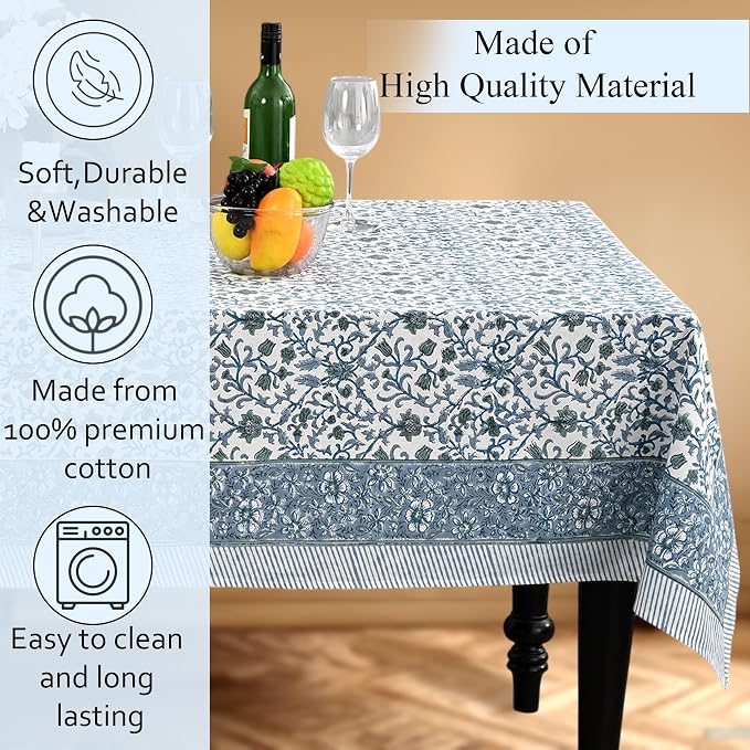 CPC Ocean Vine Tablecloth 100% Cotton 80x120 Inch Indian Block Print Rectangle - Image 7
