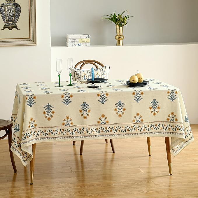 ISAENNE Designer French Pale Yellow Square Tablecloth, Linen Floral Table Cloth - Image 9