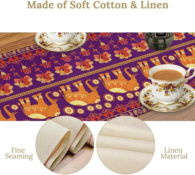 African Tribal Table Runner, Rustic Elephants Floral African Indian Diwali Art - Image 6