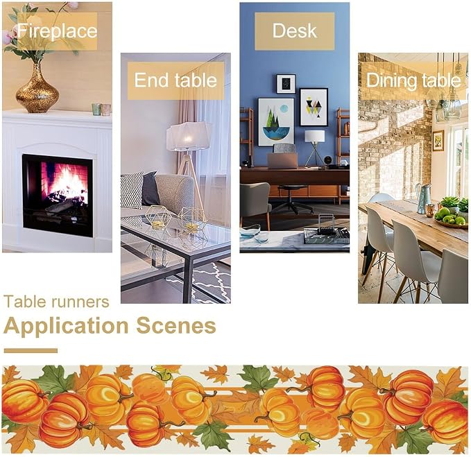 Fall Pumpkin Table Runner, Autumn Orange Maple Leaves Print Table Runner - Image 4