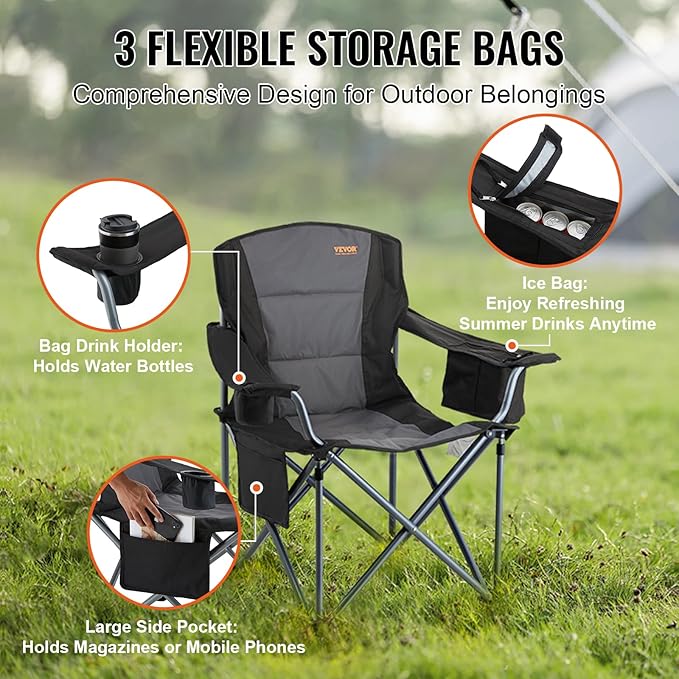 Camping Chair - Black, 450 lb Capacity, 600D Oxford Fabric
