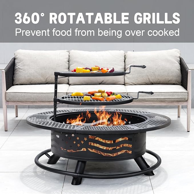 42 Inch Fire Pit with 2 Cooking Grates, Outdoor Wood Burning BBQ Grill Firepit - Image 2