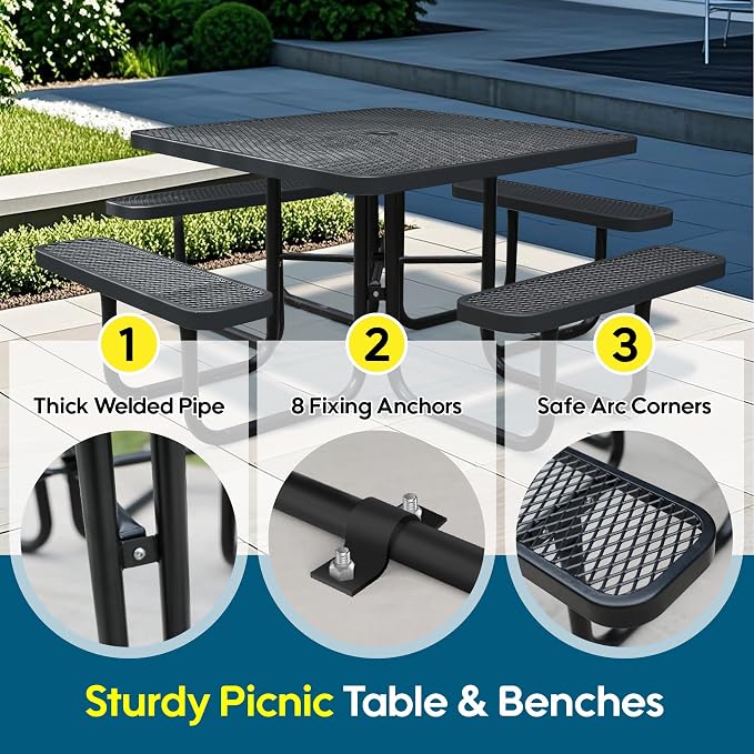 46'' Square Metal Picnic Table for Outdoors, Commercial Steel Metal Picnic - Image 3