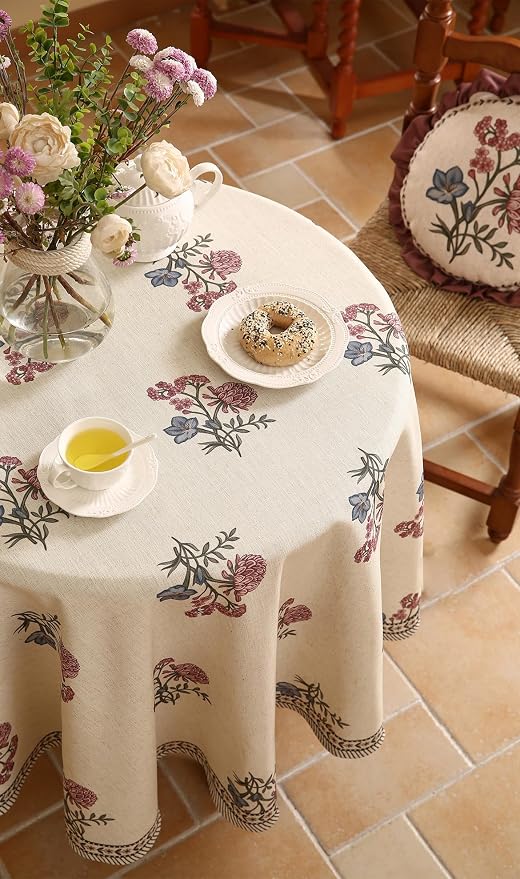 ISAENNE Designer Linen Light Beige Round Tablecloth, French Colorful Floral - Image 8
