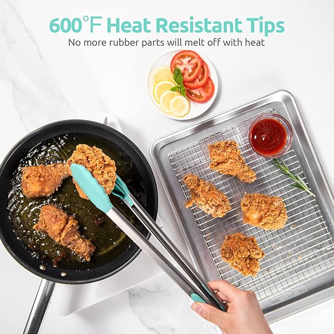 Grilling Tongs 16-Inch with Silicone Tips, Aqua Sky Locking
