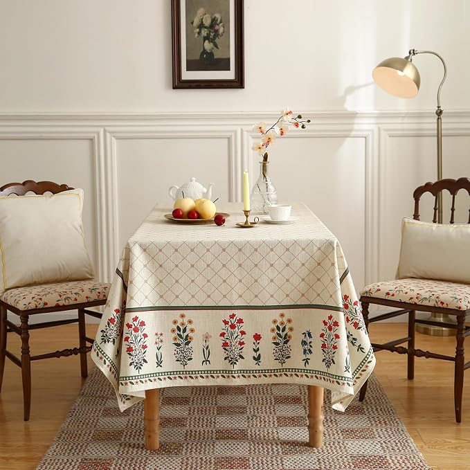 ISAENNE Designer Vintage Linen Floral Extra Long Rectangle Tablecloth, Fall - Image 3