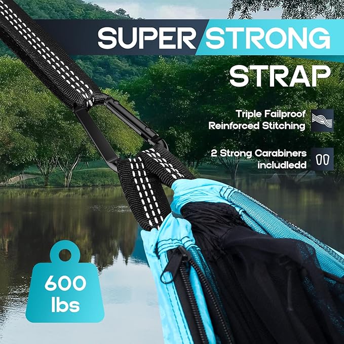Hammock with Mosquito Net, Black & Blue Nylon, 114 x 57 Inch