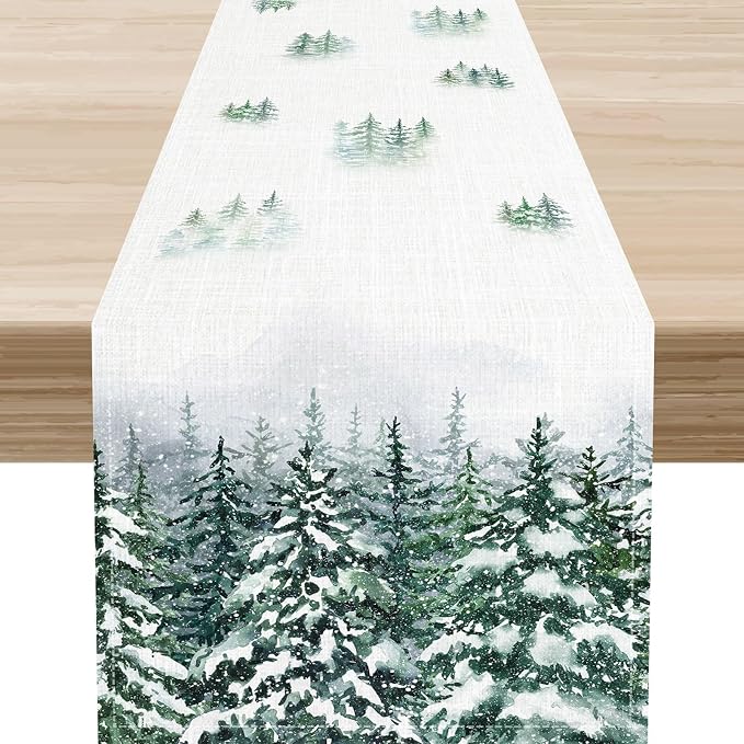Forest Table Runner, Rustic Farmhouse Mountains Birds Pine Tree Woodland Jungle by Unknown