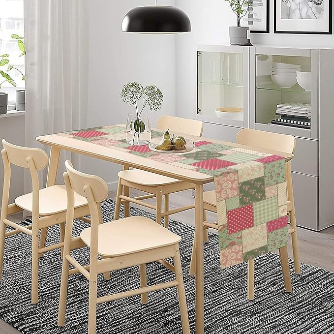 Patchwork Flowers Table Runner, Boho Plaid Floral Retro Romantic Rose Plants - Image 2