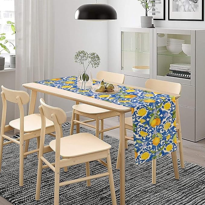Rustic Lemon Table Runner, Vintage Morocco Blue Mediterranean Spring Summer - Image 5