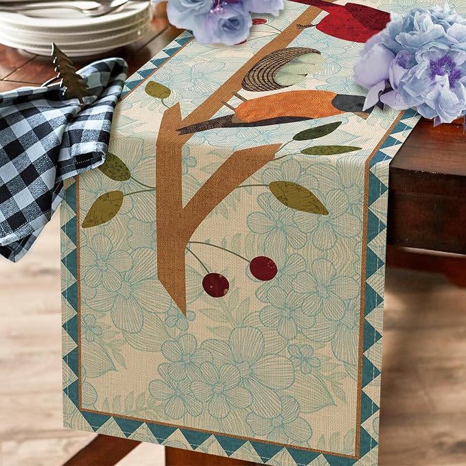Seliem Spring Summer Birds Blue Table Runner, Cardinal Chickadee Bluebird - Image 5