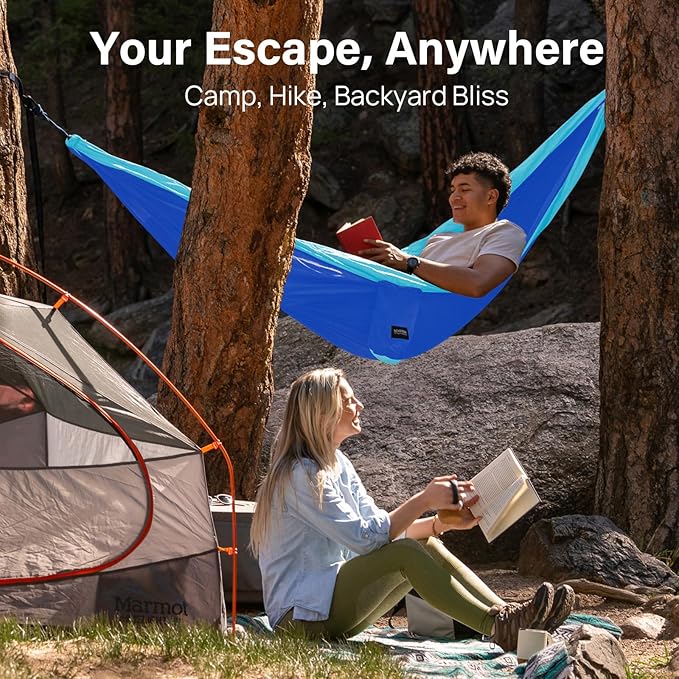 Double Camping Hammock in Royal Blue, 500 lb Nylon with Tree Straps