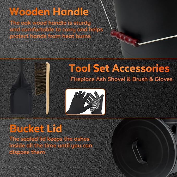 5.2 Gallon Ash Bucket with Lid and Shovel, Metal Fireplace Ash Bucket with Broom - Image 3