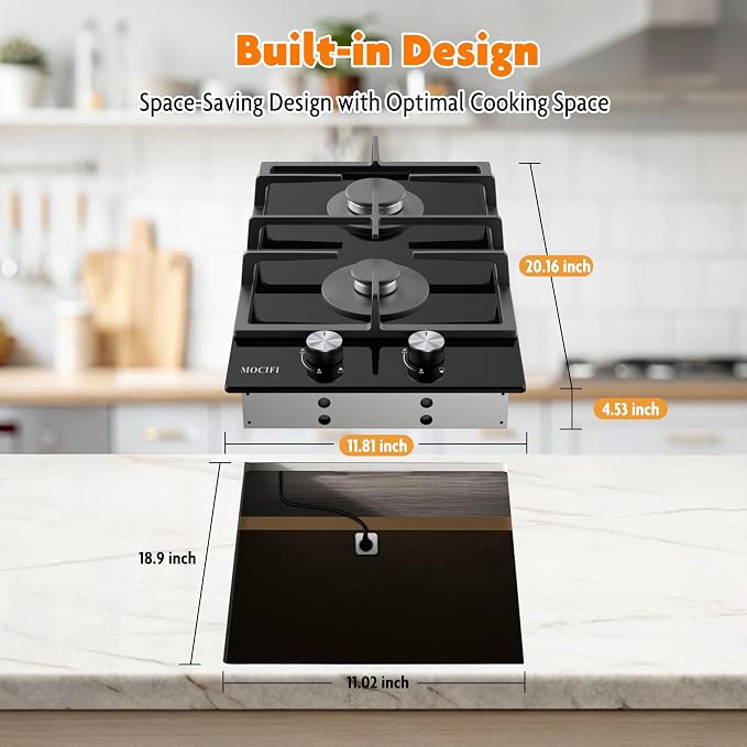 2 Burner Gas Cooktop, 12 Inch Built-in Propane/LPG/NG Dual Fuel Stove, - Image 7