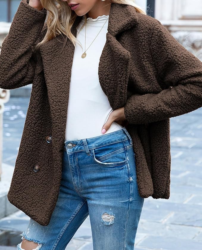 Women's Winter Warm Plush Cardigan Fuzzy Fleece Lapel Jacket - Image 3