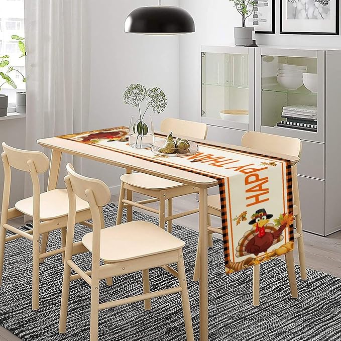Happy Thanksgiving Table Runner, Autumn Pumpkin Maple Leaves Turkey Print Fall - Image 2