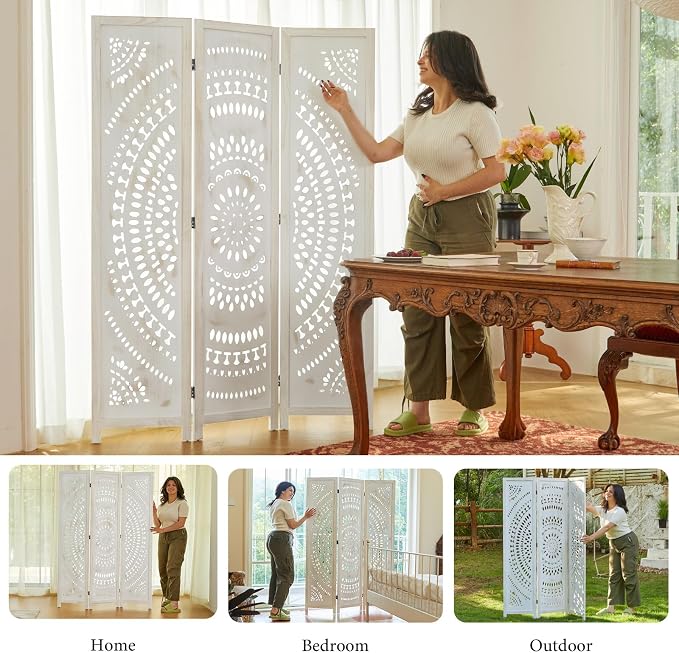 Room Divider Wood Carved Wall Divider Indoor Folding Bohemian Style Portable - Image 7