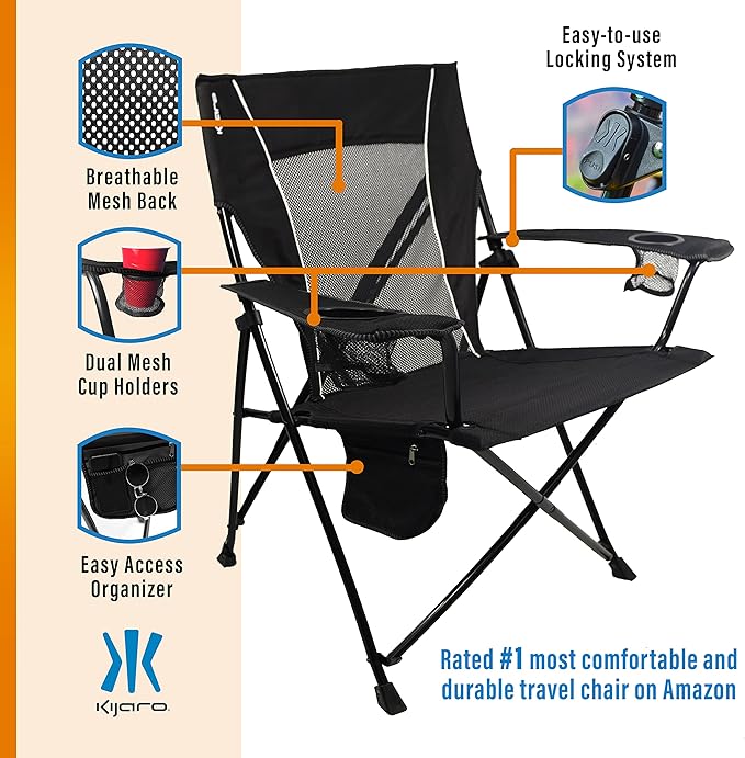 Folding Camp Chair, Black with Dual Lock, Polyester and Mesh