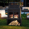 Outdoor Fireplace with Chimney and Wood Storage, Metal Wood Burning Fire Pit by Qsoer