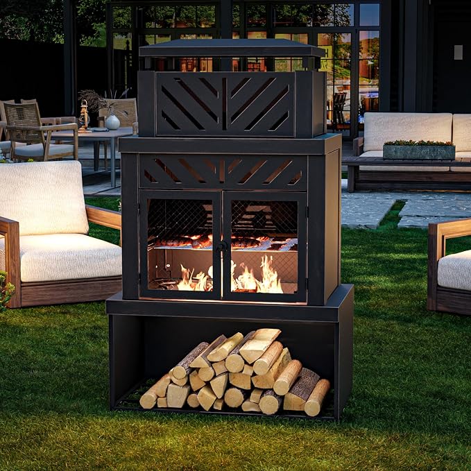 Outdoor Fireplace with Chimney and Wood Storage, Metal Wood Burning Fire Pit by Qsoer