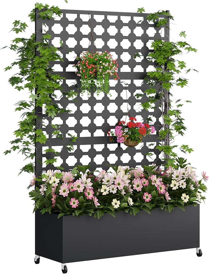 Metal Planter Box with Trellis Privacy Screen, Raised Garden Bed with Dots by Sunnibety