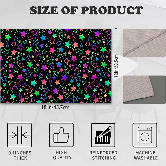 Neon Stars Placemats Set of 6 Linen Heat Resistant, Rainbow Glittering Table - Image 2