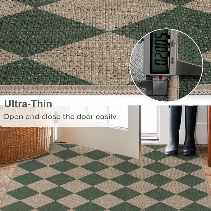 Easy Jute Checkered Runner Rug, 2x6 Green Modern Washable Rugs Runner - Image 4