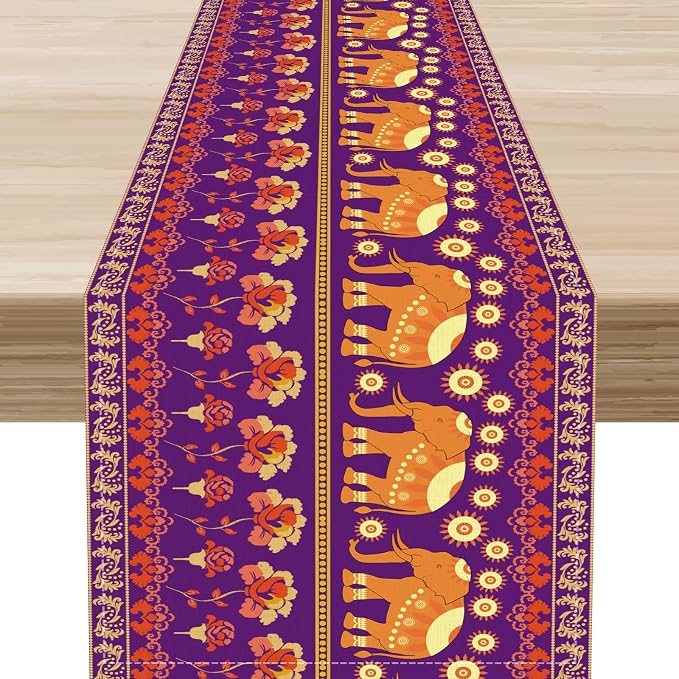 African Tribal Table Runner, Rustic Elephants Floral African Indian Diwali Art by Unknown