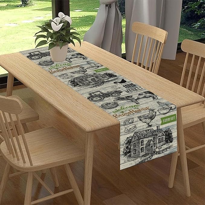 Farmhouse Cow Table Runner, Retro Rustic Country Barn Cottage Rooster Cow - Image 2