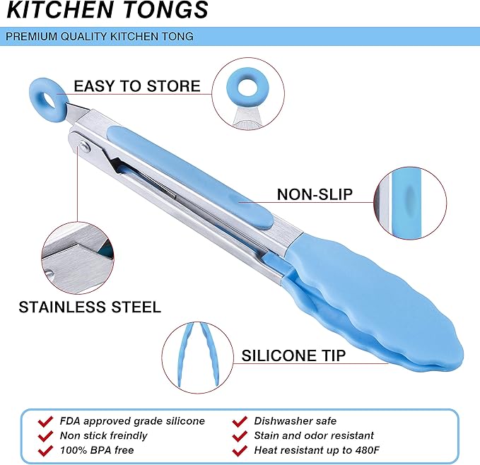 Tongs – 7-Inch Mini Stainless Steel Tongs with Silicone Heads, Blue