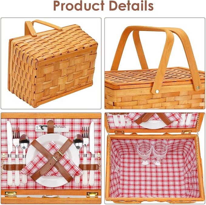 Picnic Basket Set for 2 Persons, Woven Woodchip Basket - Image 3