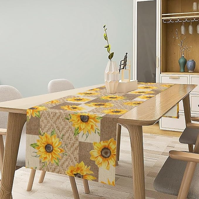 Farmhouse Sunflower Table Runner, Rustic Vintage Linen Patchwork Summer Yellow - Image 2