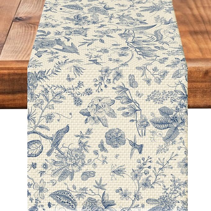 Blue Flower Burlap Table Runner Seasonal Spring Fall Kitchen Dining Linen Table by Worltoldb