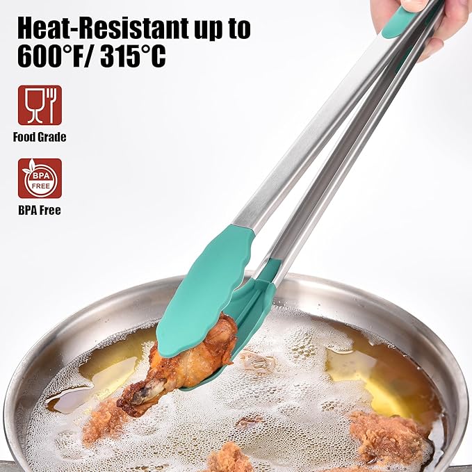 Stainless Steel Kitchen Tongs with Silicone Tips, 17.2 Inch, Aqua Sky