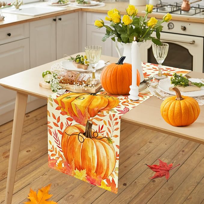 Pumpkin Fall Table Runner, Maple Leaf Autumn Thanksgiving Kitchen Table - Image 7