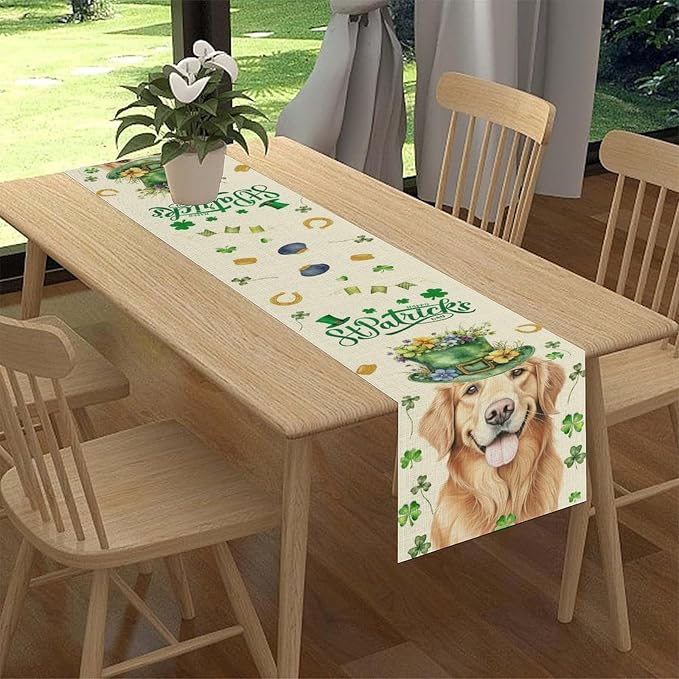St.Patrick's Day Table Runner, Sharmrock Dog Hat Golden Retriever Beige Rustic - Image 3