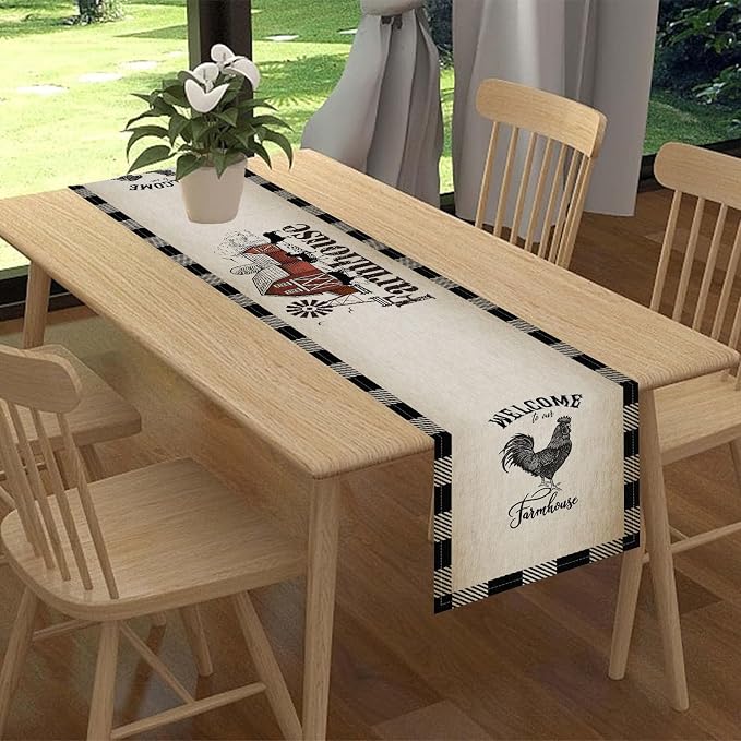 Farm Animals Table Runner, Rustic Farmhouse Cow Pig Rooster Watercolor Coffee - Image 2