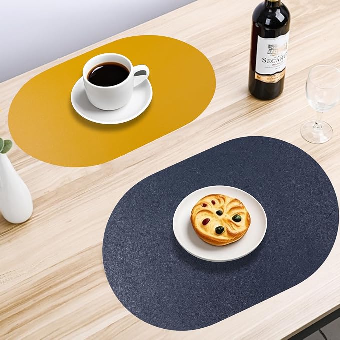 Reversible Placemats Set of 6 Waterproof Oval Faux Leather Placemat Navy Blue - Image 4