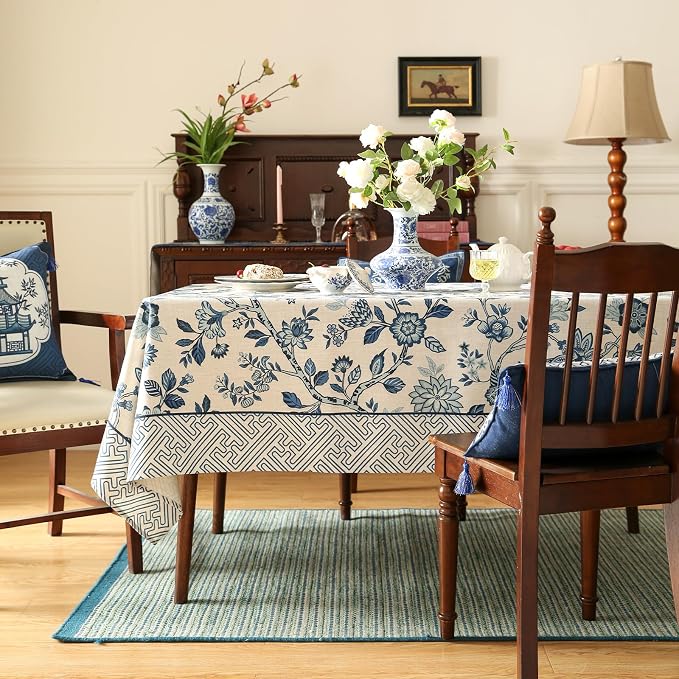 Vintage Blue and White Rectangle Tablecloth, French Linen Floral Wrinkle Free - Image 2