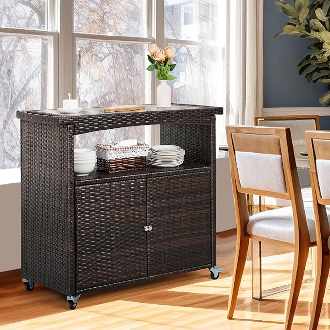 Outdoor Bar Cart with Storage Cabinet Patio Wicker Sideboard Buffet Cabinet - Image 5
