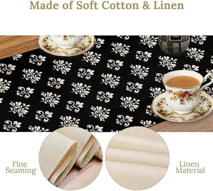 Damask Table Runner, Antique Gothic Black Floral Boho Flower Pattern Rustic - Image 6