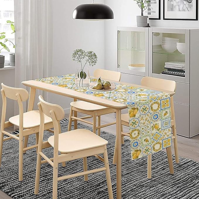 Yellow Lemon Summer Table Runner, Watercolor Spring Yellow and Blue Flower - Image 3