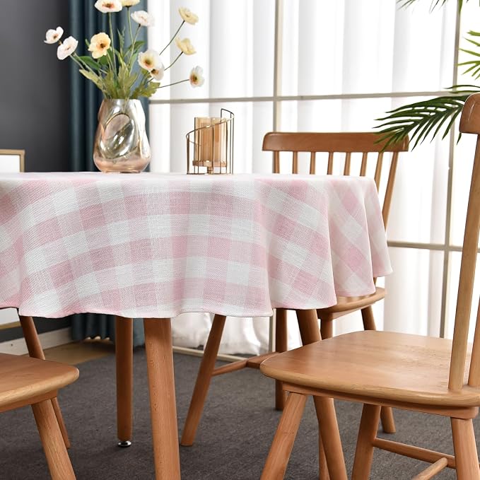 Gingham Table Cloth for Round Tables Pink Checkered Plaid Tablecloth Heavy Duty - Image 2