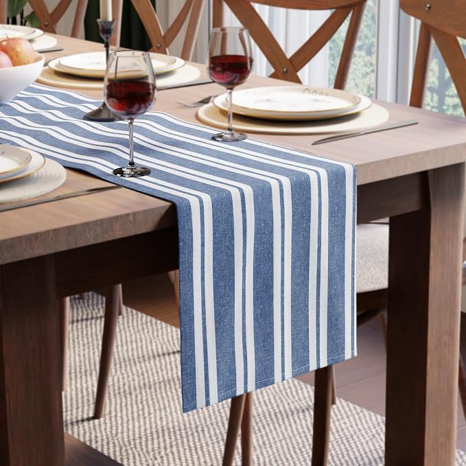 Encasa XO Cotton Dining Table Runner | Franca Blue Stripes | Size 13x72 in by EncasaXO
