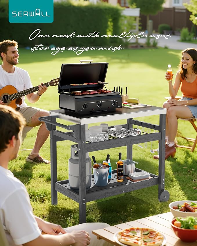 SERWALL Outdoor Grill Cart Pizza Oven Stand Trolley Table - Image 9