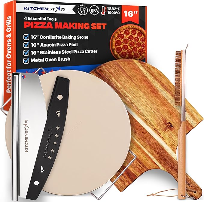 KitchenStar 16-inch Pizza Making Set, Acacia Wood Pizza Peel, Pizza Cutter by Kitchenstar