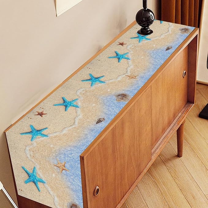 Summer Beach Table Runner, Nautical Starfish Coastal Seashell Ocean Blue Sea - Image 3
